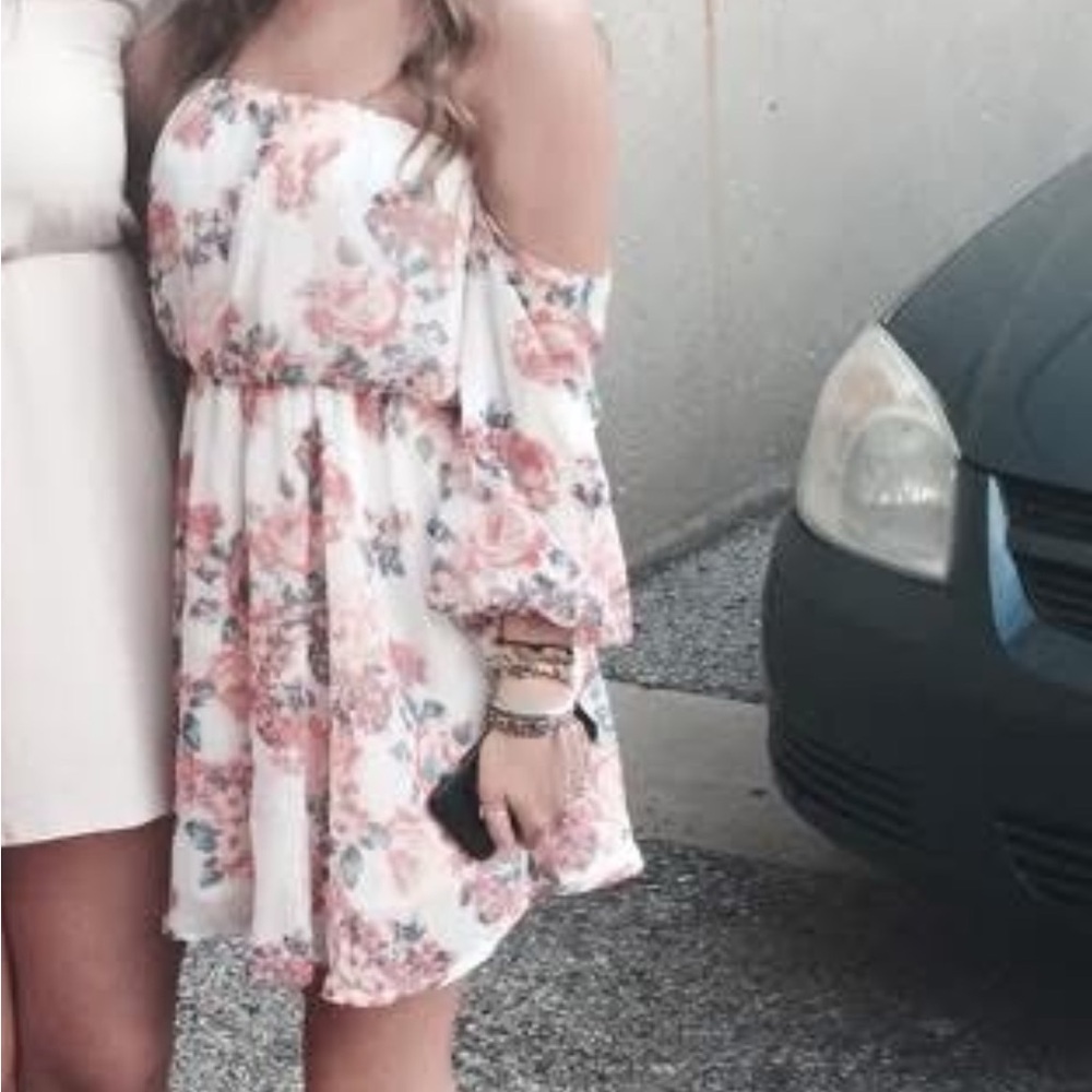 Sequin Hearts Off The Shoulder Floral Dress - Pink and White
